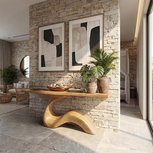 Handcrafted Solid Wood Wave Console Table with Sculpted Base