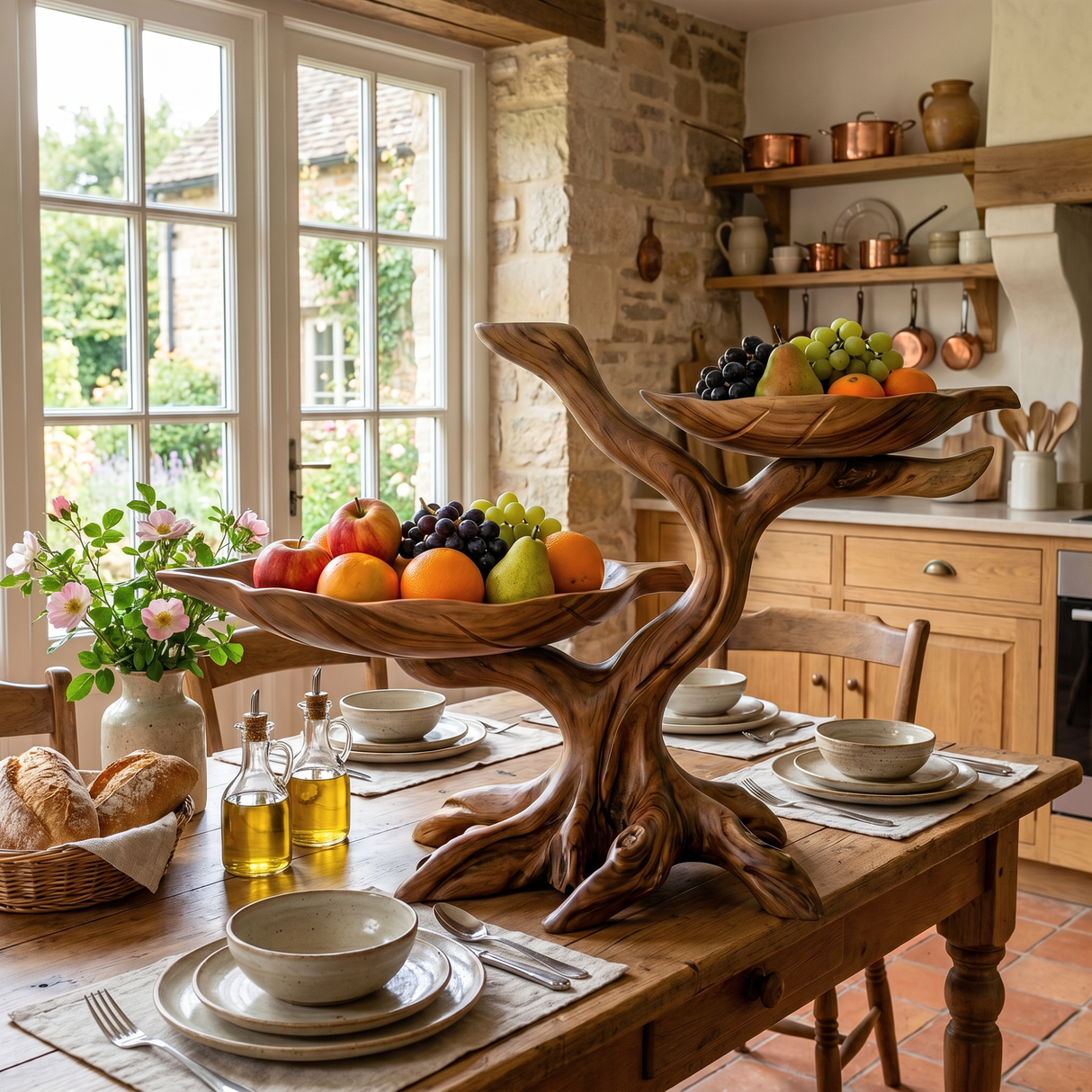 Solid Wood Two-Level Fruit Bowl Centerpiece with Organic Branch Sculpture Base