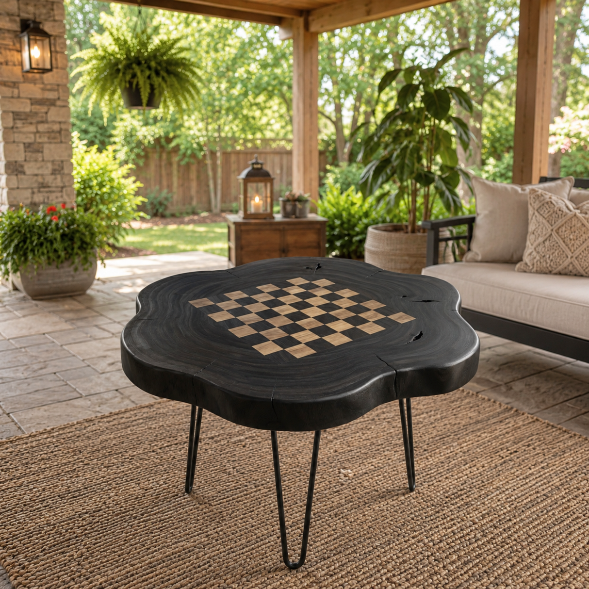 Handcrafted Live Edge Solid Wood Chess Coffee Table with Hairpin Legs