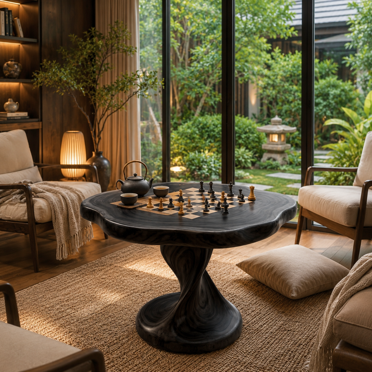 Handcrafted Solid Wood Chess Table with Organic Square Top and Pedestal Base