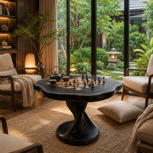 Handcrafted Solid Wood Chess Table with Organic Square Top and Pedestal Base