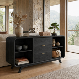 Handcrafted Solid Wood Sideboard with Three Drawers and Open Shelving