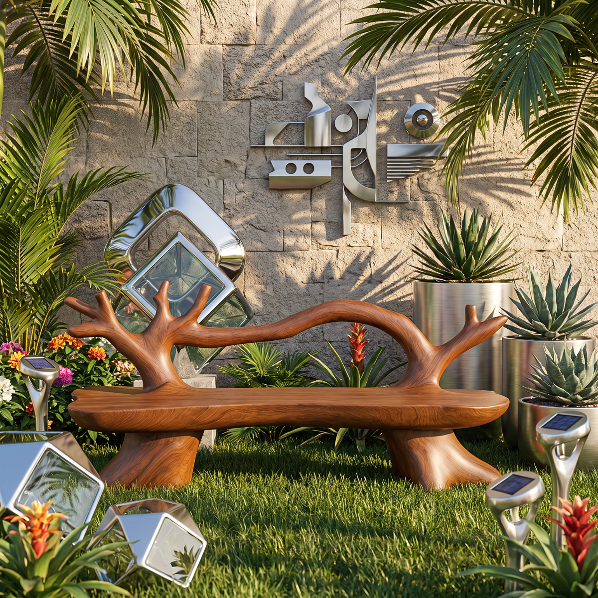 Organic Solid Wood Garden Bench with Sculptural Loop Backrest