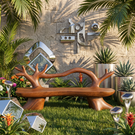 Organic Solid Wood Garden Bench with Sculptural Loop Backrest