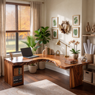 Live Edge Solid Wood L Shaped Desk with Built In Bookshelf Storage