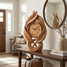 Solid Wood Table Clock with Leaf-Inspired Sculptural Frame