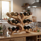 Tree Form Solid Wood Wine Rack Sculptural Multi Level Bottle Holder for Tabletop Storage