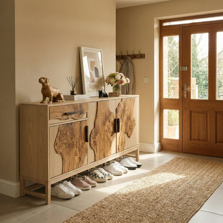 Live Edge Solid Wood Shoe Cabinet with Sculptural Grain Panels