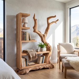 Tall Solid Wood Bookshelf with Sculptural Tree Form Organic Modern Display Shelf