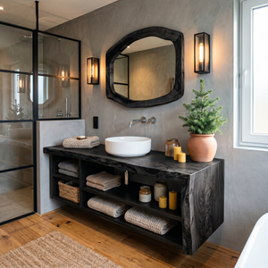 Solid Wood Bathroom Vanity with Open Storage and Vessel Sink