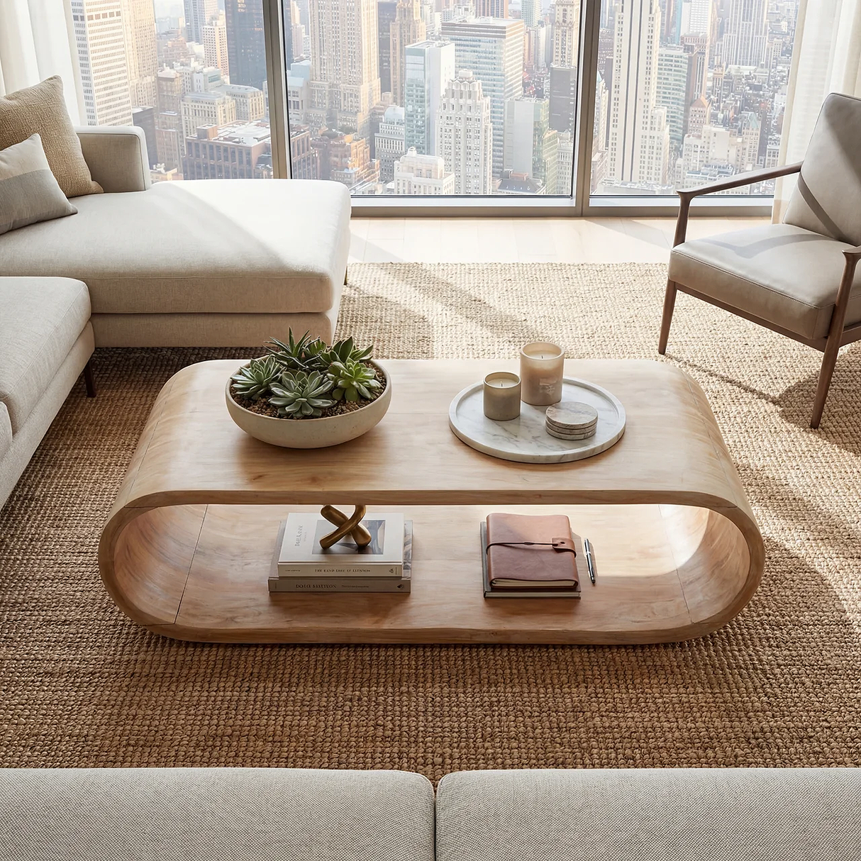 Curved Solid Wood Coffee Table with Open Shelf