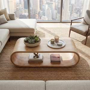 Curved Solid Wood Coffee Table with Open Shelf