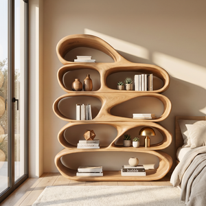 Organic Wooden Bookshelf Handmade Sculptural Solid Wood Modern Display Shelf
