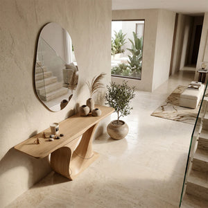 Organic Curve Solid Wood Console Table with Sculpted Pedestal Base