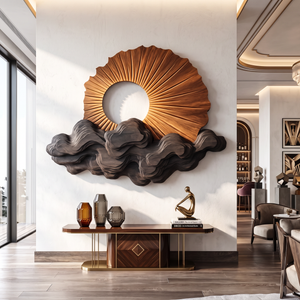 Wall Sculpture Solid Wood with Radiating Sun Design and Layered Dark Wave Clouds