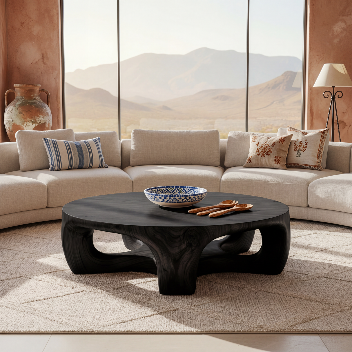 Round Solid Wood Coffee Table with Sculptural Open Base