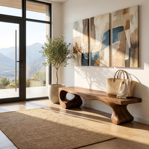 Organic Solid Wood Entryway Bench with Sculptural Open Base for Modern Mediterranean Interiors