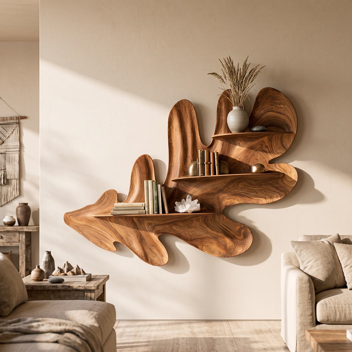 Organic Leaf Solid Wood Wall Shelf with Sculptural Floating Display Shelves