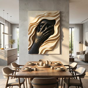 Handcrafted Solid Wood Face Wall Sculpture with Black Relief Hand and Flowing Layers