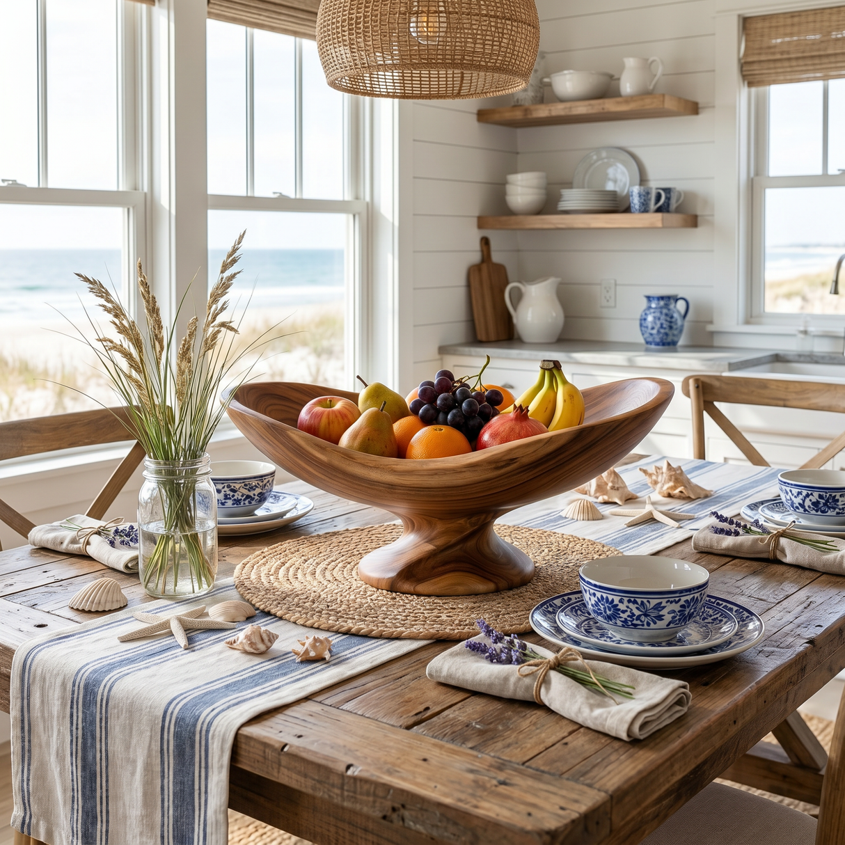Solid Wood Boat-Shaped Fruit Bowl with Low Sculptural Pedestal Base