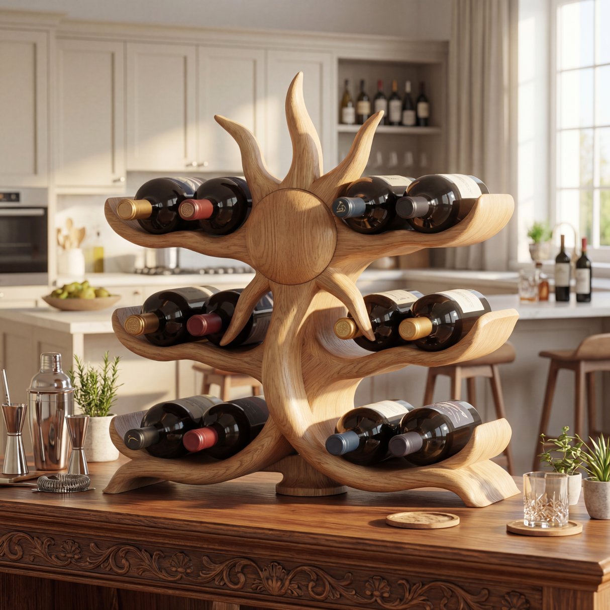 Sunburst Sculptural Solid Wood Wine Rack Bottle Holder Artistic Tabletop Display