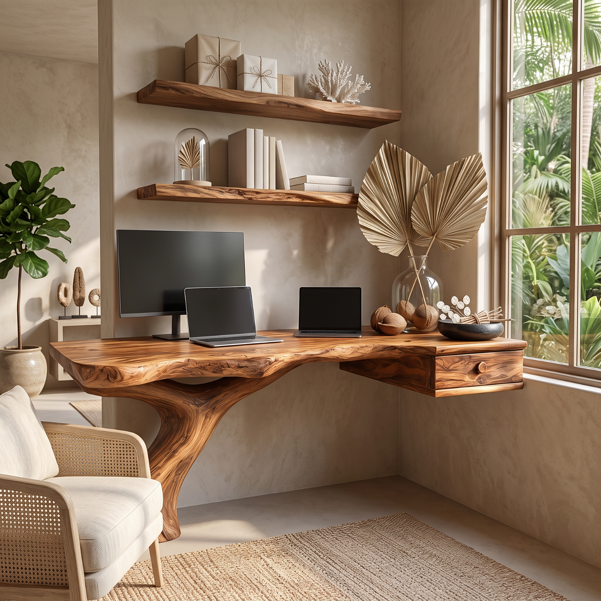Live Edge Solid Wood Desk with Sculptural Curved Leg and Floating Drawer