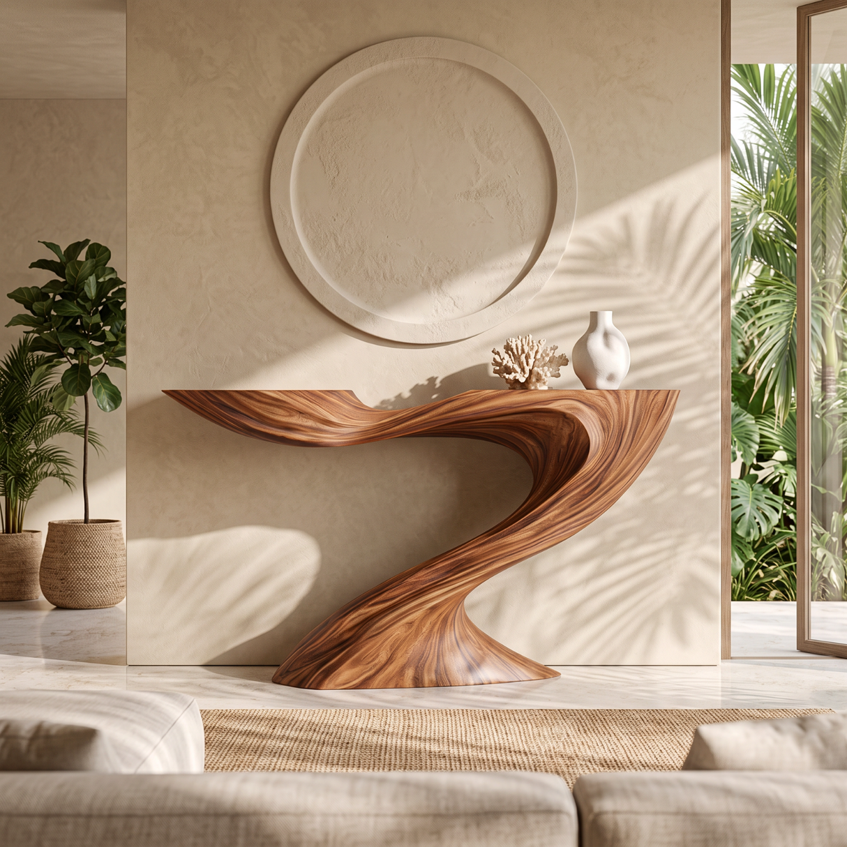 Console Table Solid Wood with Sculptural Swooping Pedestal for Entryway Decor