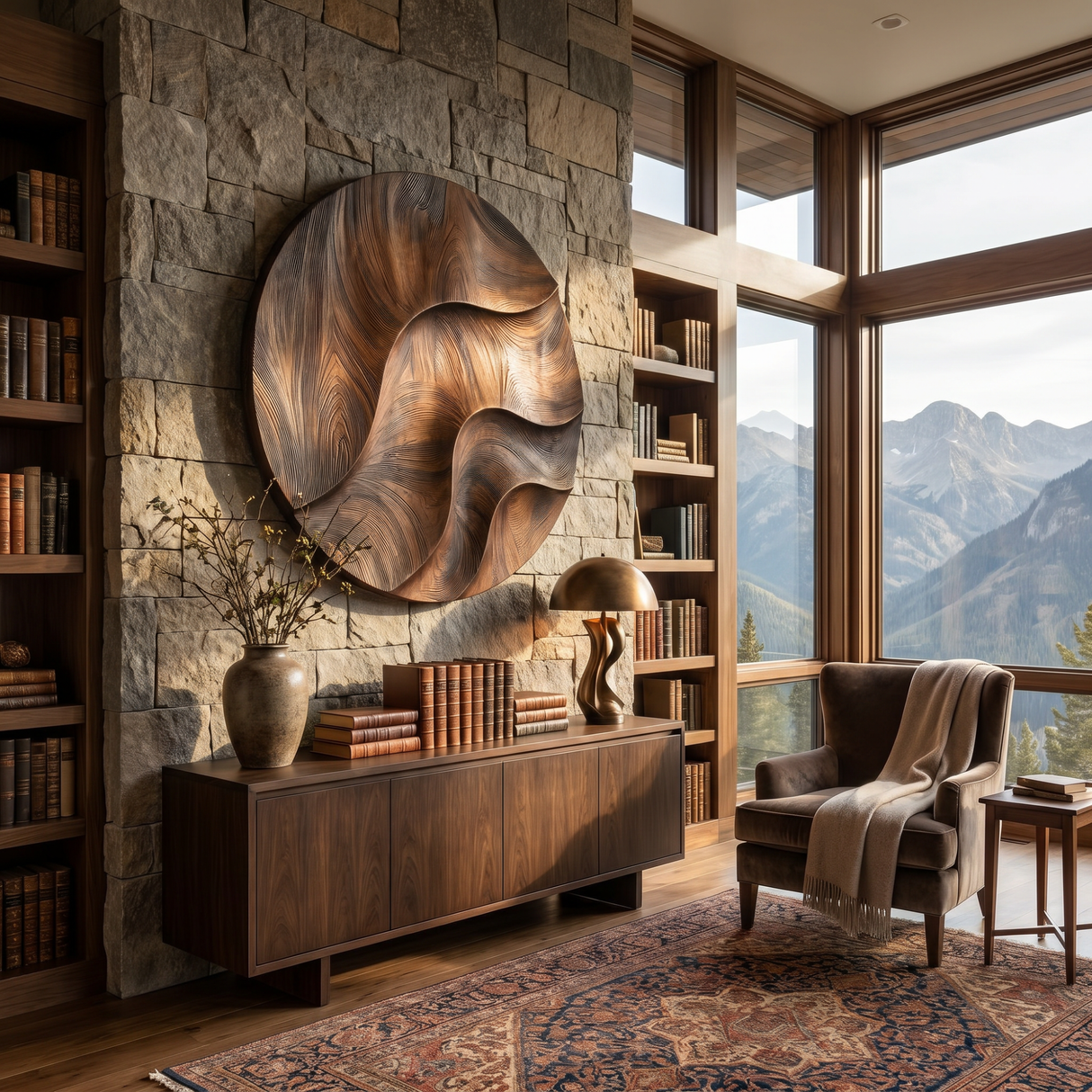 Round Solid Wood Wall Art with Sculpted River Flow and Dark Wood Contrast