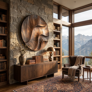 Round Solid Wood Wall Art with Sculpted River Flow and Dark Wood Contrast