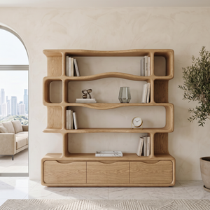 Solid Wood Bookshelf with Wavy Open Shelves and Storage Drawers