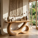 Console Table Solid Wood with Double Hollow Loop Base for Entryway Decor