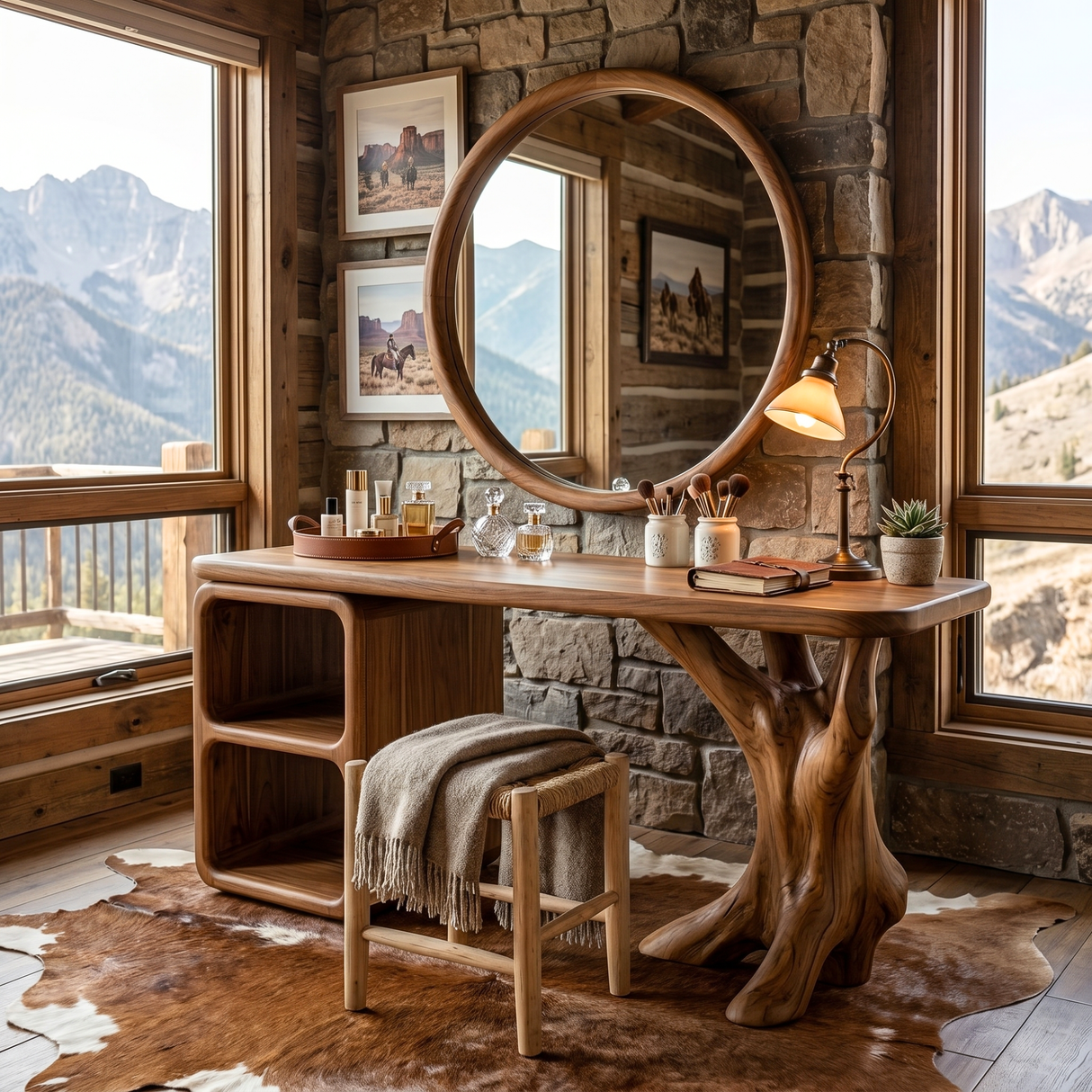 Handcrafted Solid Wood Vanity Table with Sculptural Root Base and Open Shelves
