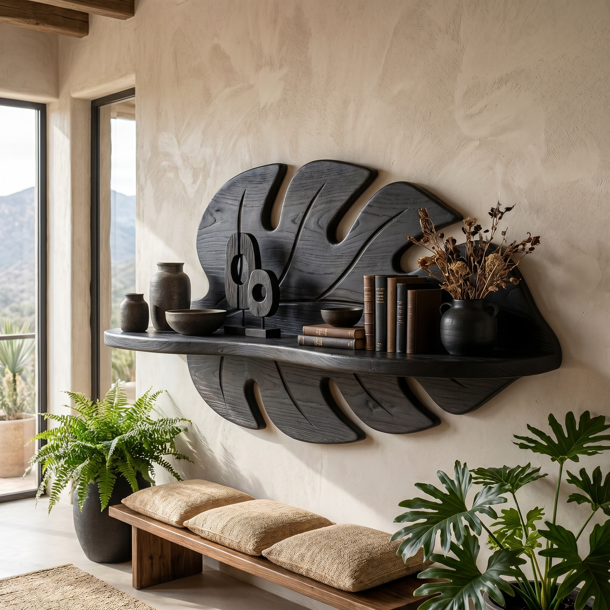 Hand Sculpted Solid Wood Tropical Leaf Wall Shelf with Display Ledge