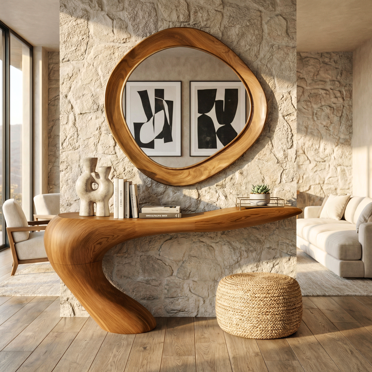 Handcrafted Solid Wood Sculptural Console Table with Curved Waterfall Base