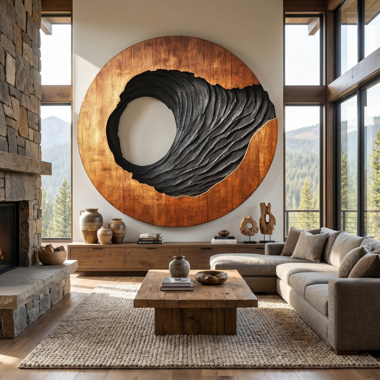 Oval Solid Wood Wall Art with Open Void and Black Carved Terrain Relief