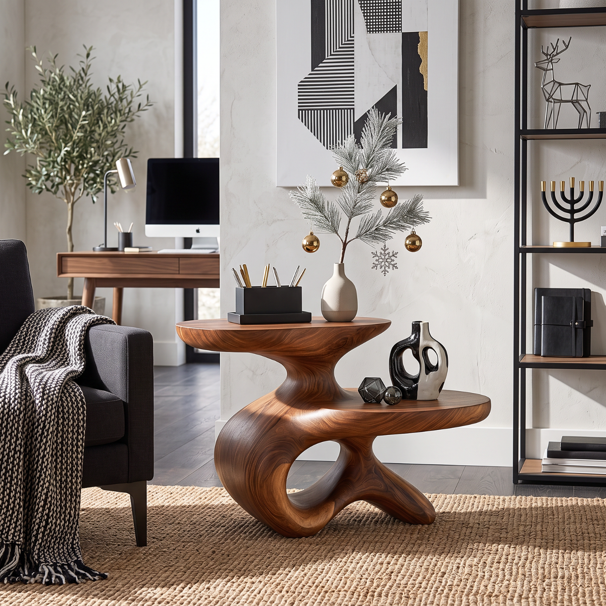 Sculptural Solid Wood Side Table with Two Tier Shelves and Organic Loop Base