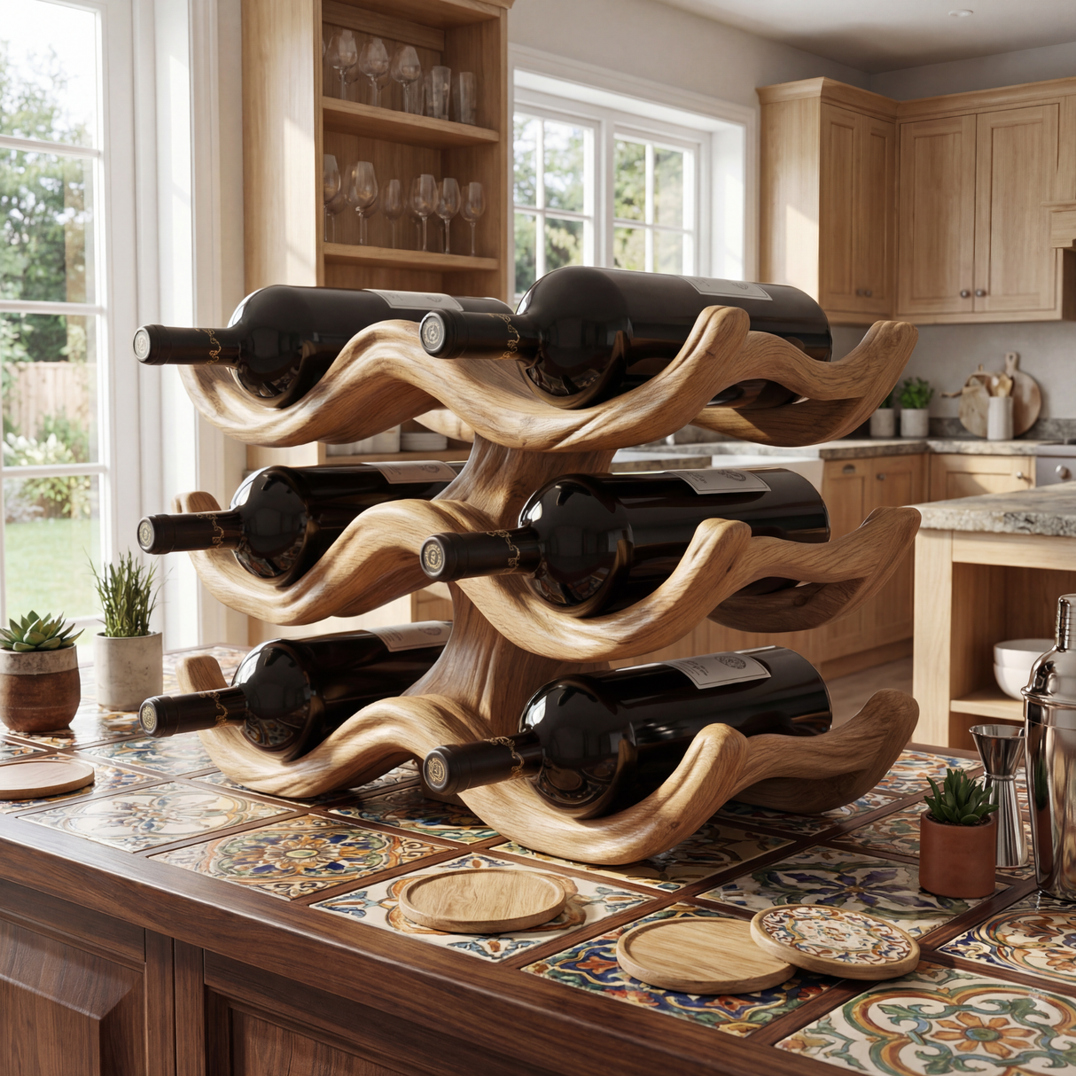 Sculptural Solid Wood Wine Rack Wave Form Bottle Holder Multi Layer Countertop Display