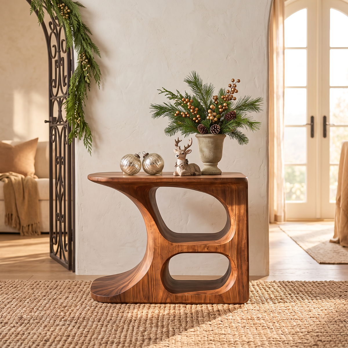 Sculptural Solid Wood Side Table with Open Storage Compartments