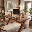 Live Edge Solid Wood Desk with Sculptural X Legs for Home Office