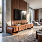 TV Stand with Sculptural Oval Frame and Natural Grain Cabinet Doors