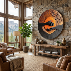 Solid Wood Wall Sculpture with Layered Sunset Relief and Reaching Hand Design