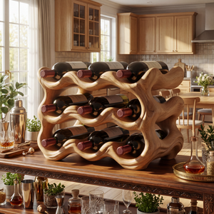 Modern Sculptural Solid Wood Wine Rack Wave Carved Multi Level Bottle Holder for Countertop