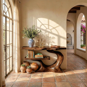 Sculptural Solid Wood Console Table with Open Shelf, Organic Modern Entryway Table