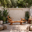 Outdoor Solid Wood Bench with Sculptural Branch Backrest