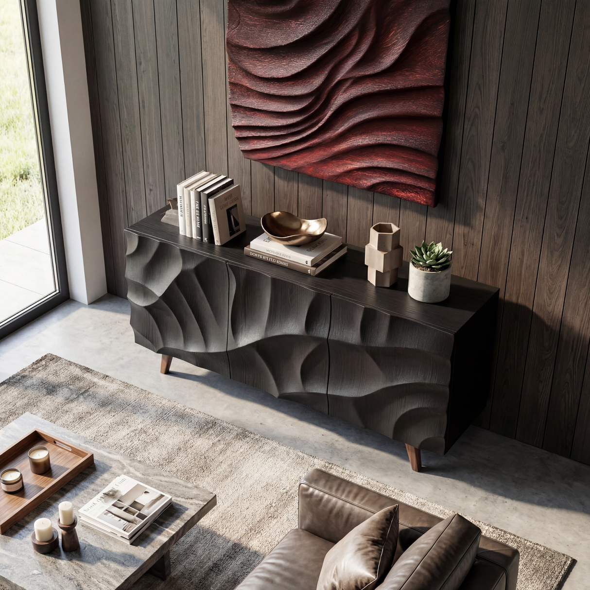 Black Sculpted Wave Front Sideboard for Modern Living and Dining