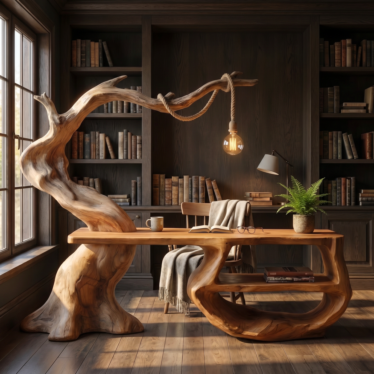 Sculptural Organic Wood Desk With Hanging Lamp Modern Handmade