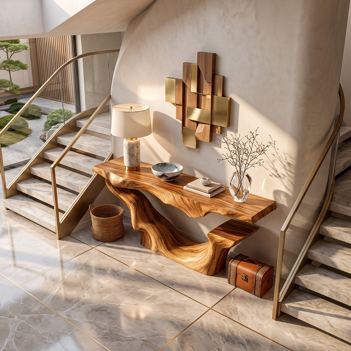 Organic Solid Wood Console Table with Sculptural Floating Curve Base