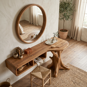 Handcrafted Solid Wood Vanity Console with Rounded Cubbies and Organic Branch Base