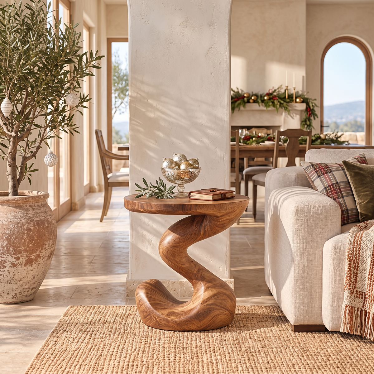 Sculptural Solid Wood Side Table with Flowing S Curve Base
