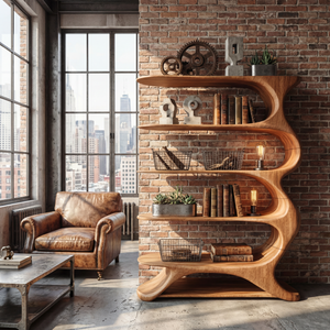 Wave Spine Wood Display Bookcase with Floating Open Shelves